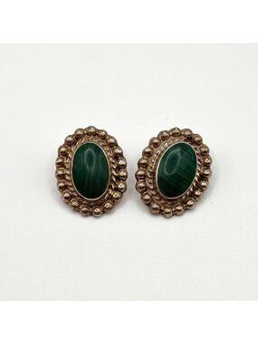 Vintage Malachite 925 Sterling Silver Oval Earrings From Mexico